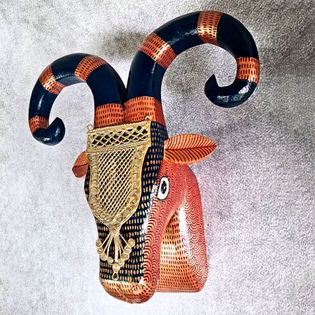 Brown Black Ram Head Handcrafted Wooden Wall Art